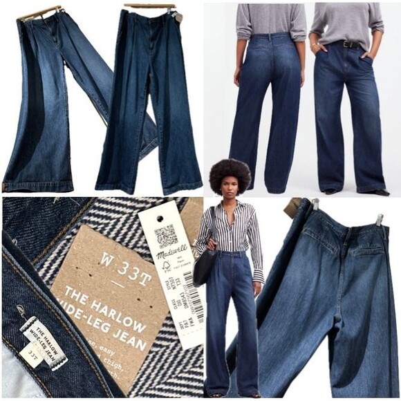 Madewell The Harlow Wide Leg Jean Trouser Airy Denim Fieldale Dark Wash 33 Tall - Picture 1 of 11